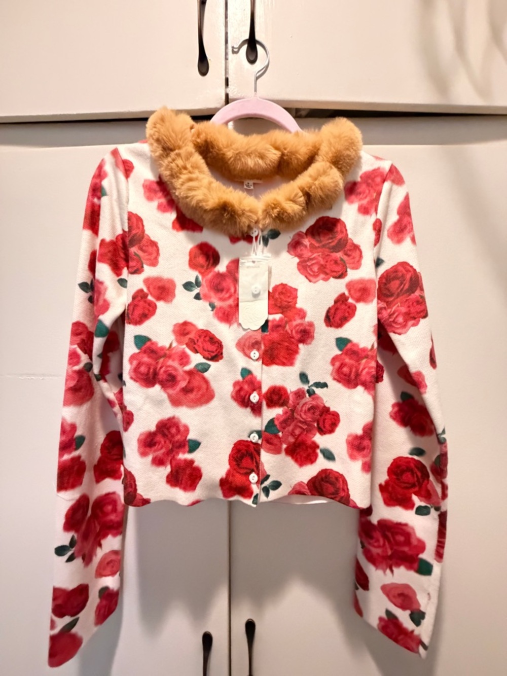 Floral Knit Cardigan plus matching tub top with Faux Fur Collar - Red Rose Print